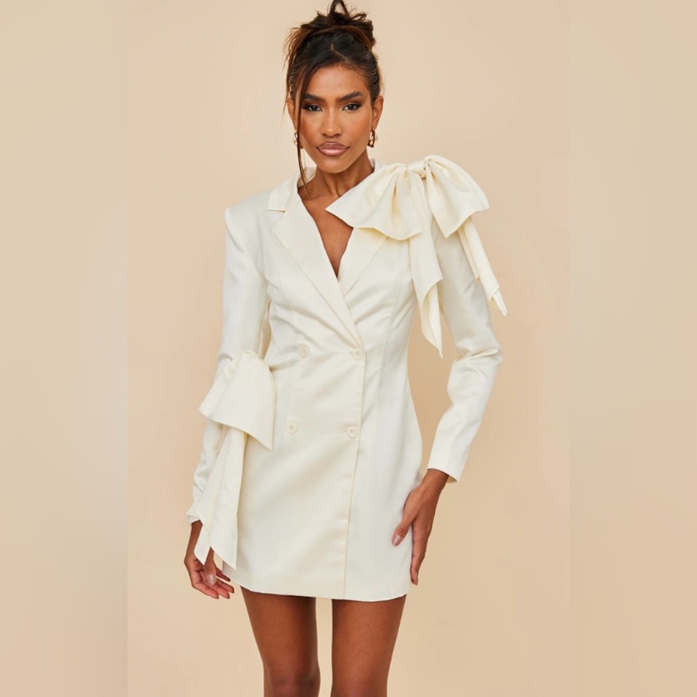 Cream Bow Shoulder Satin Blazer Dress